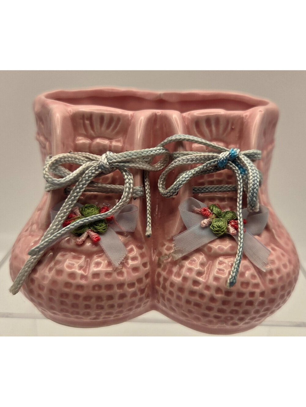 Vintage Pink Ceramic Baby Booties Planter Vase Nursery Decor Shoes Lace Up